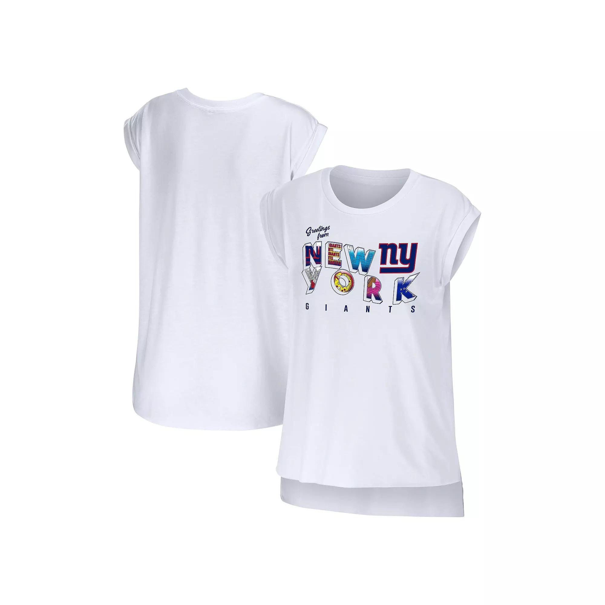 Women's WEAR by Erin Andrews White New York Giants Greetings From Muscle T-Shirt,  Product Image