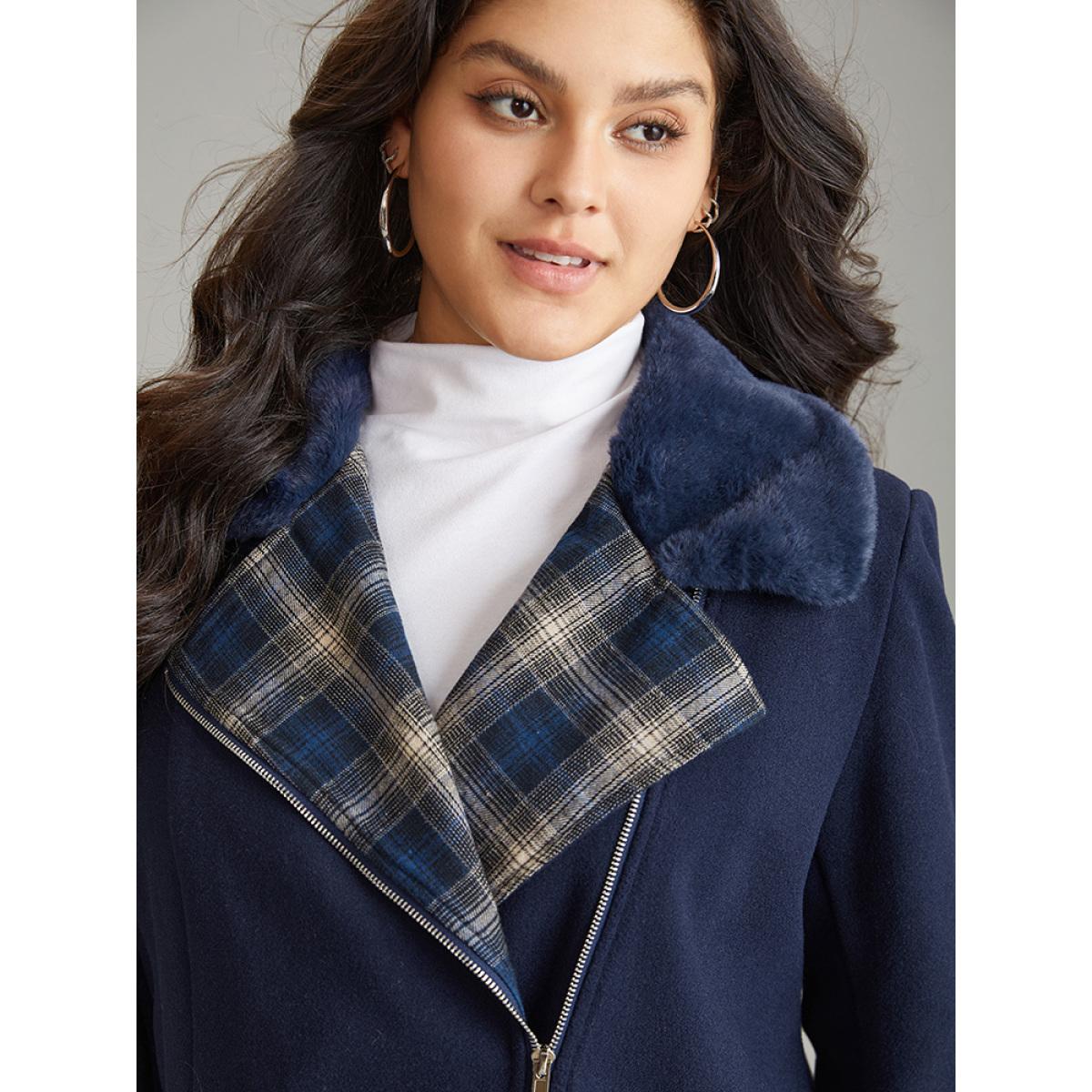 Plus Size Plaid Asymmetrical Lapel Collar Patchwork Fuzzy Trim Coat Women Indigo Casual Lined Ladies Dailywear Winter Coats BloomChic 14-16/1X Product Image
