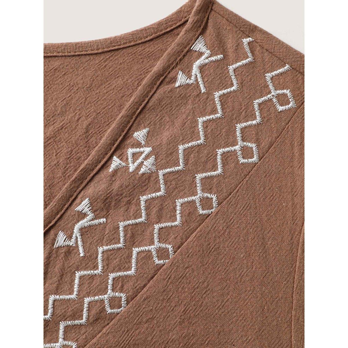 Plus Size Bronze Pure Cotton Embroidered Neck Blouse Women Boho Short sleeve V-neck Vacation Blouses BloomChic 10/M Product Image