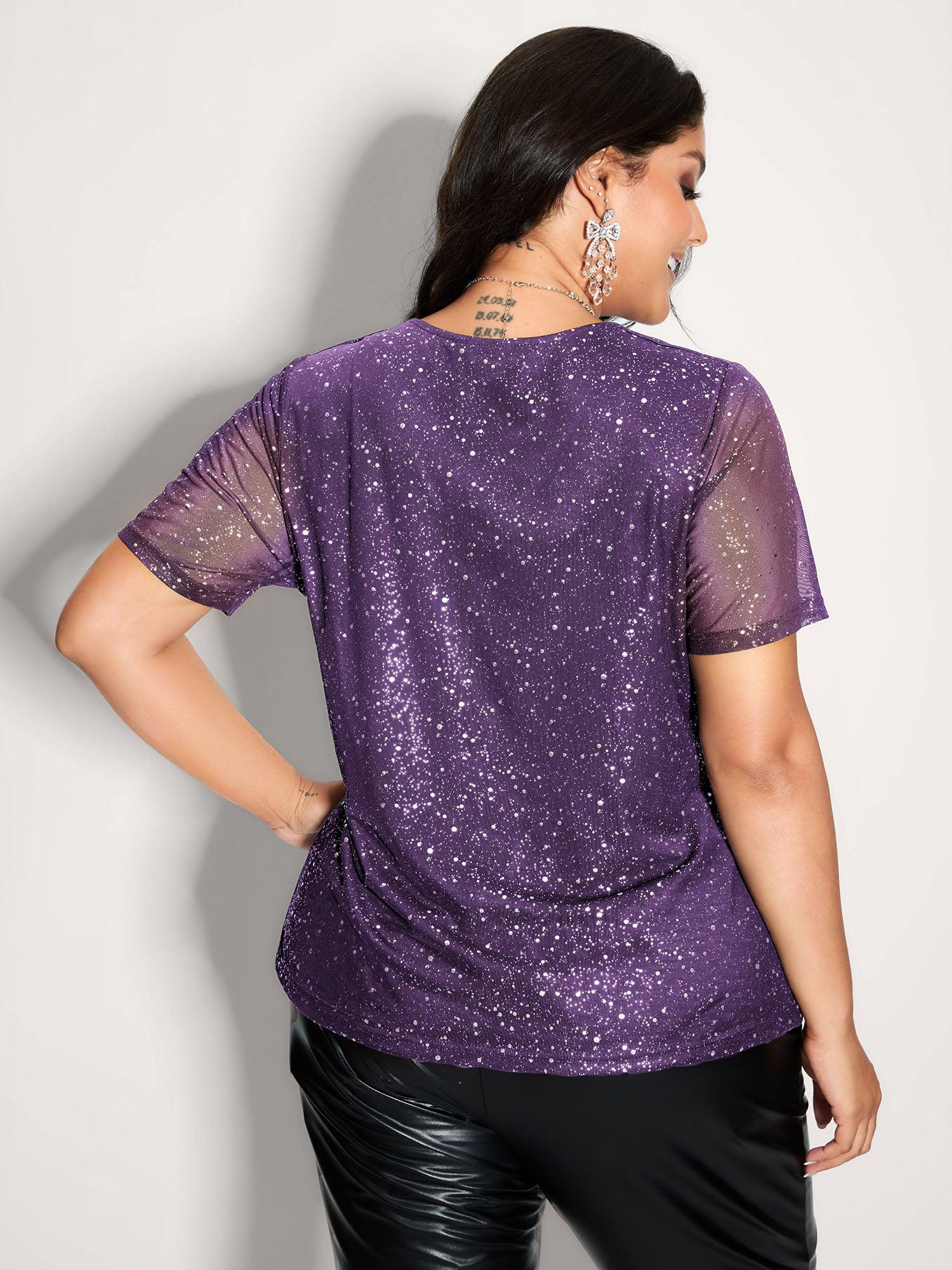 Shimmery Wrap Neck Sheer Sleeve T-Shirt Female Product Image