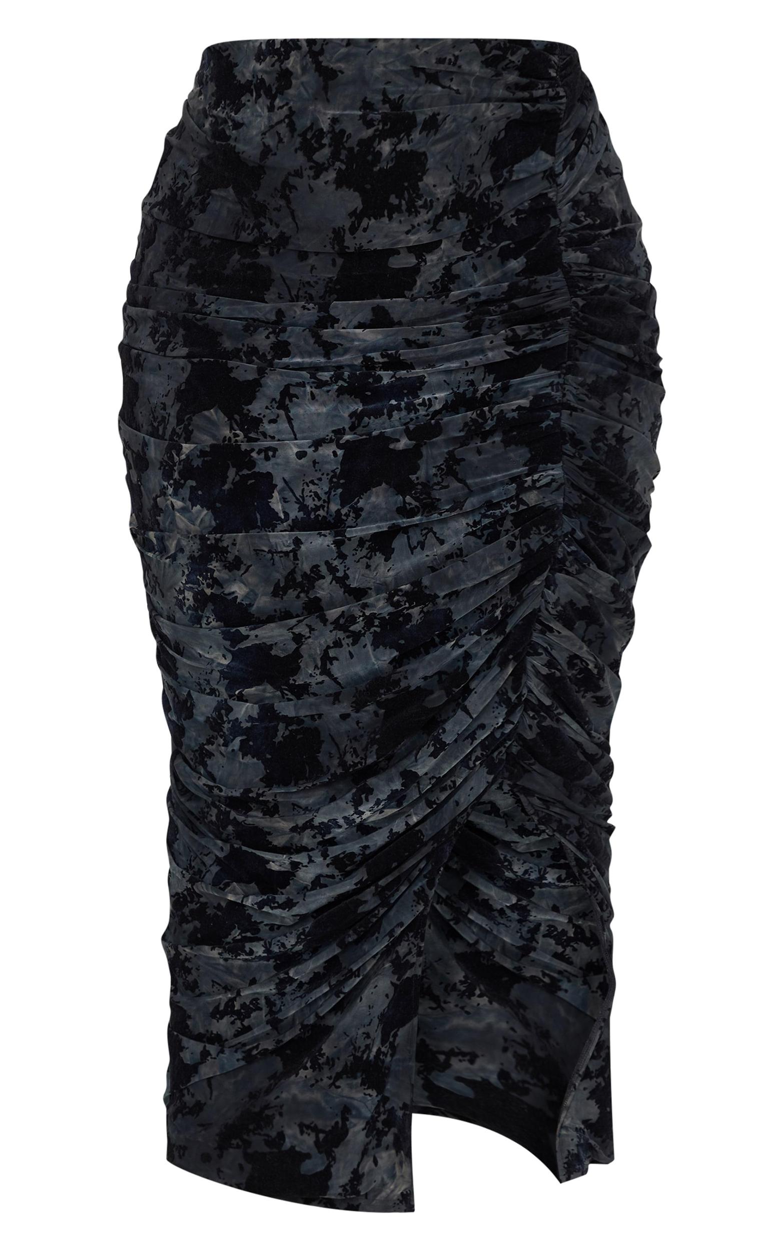 Plus Black Devore Ruched Maxi Skirt Product Image