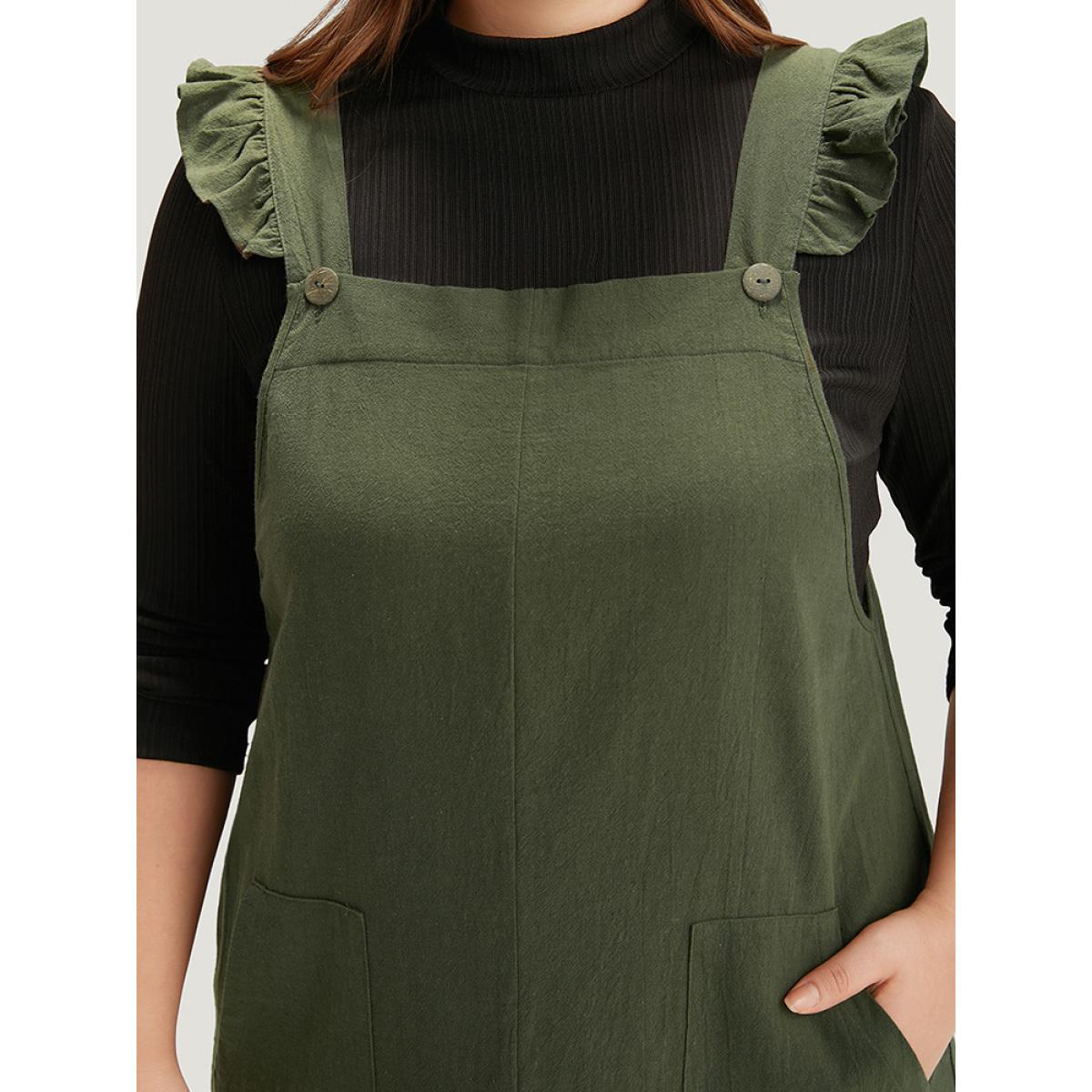 Plus Size Solid Square Neck Button Up Pocket Ruffle Trim Cami Dress ArmyGreen Women Casual Plain Spaghetti Strap Sleeveless Curvy Knee Dress BloomChic 10/M Product Image