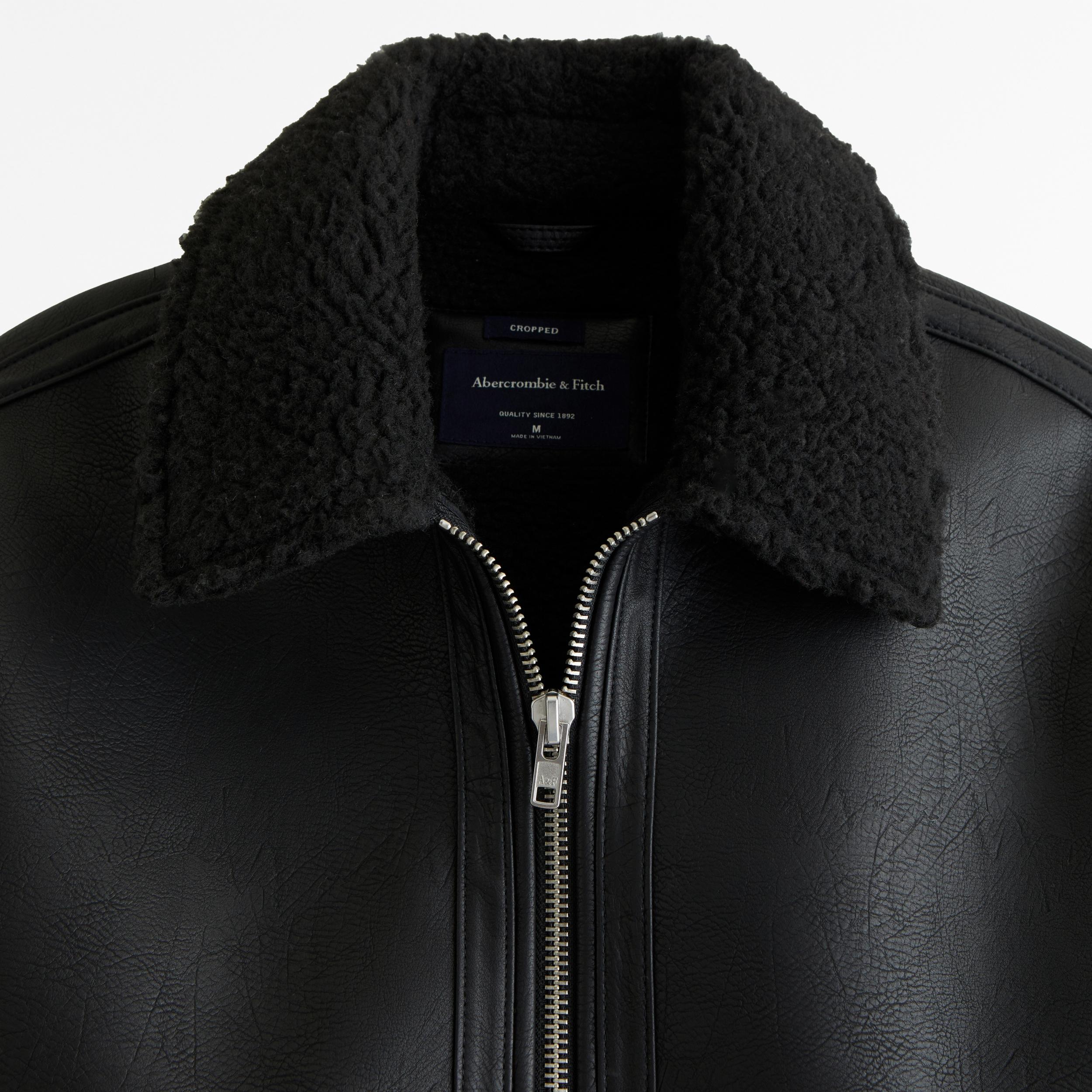 Cropped Sherpa-Lined Vegan Leather Aviator Jacket Product Image