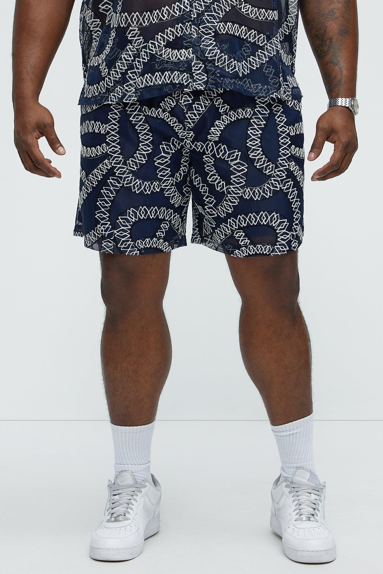 Embroidered Netting Relaxed Shorts - Navy Product Image