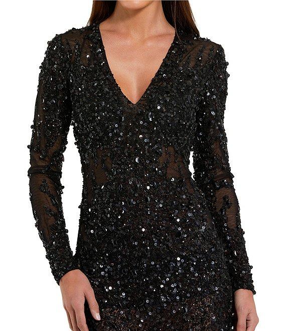 Mac Duggal Sequin Embellished Mesh V-Neck Long Sleeve Sheath Mini Dress Product Image