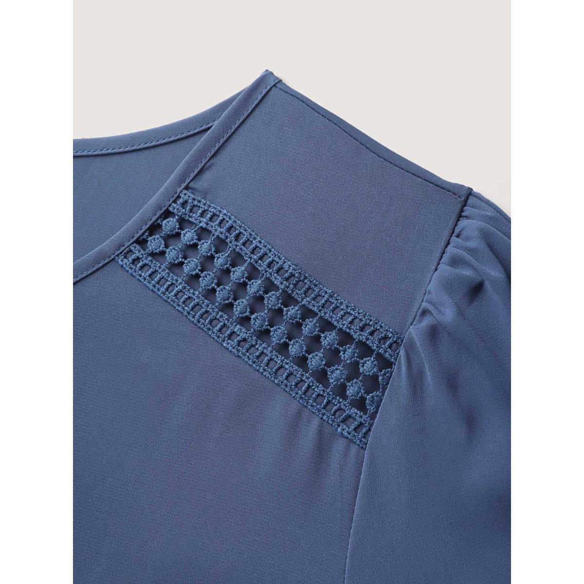 Plus Size Lace Trim Waist-Drawstring Solid Midi Dress Mediumblue Women V-neck Short sleeve Curvy BloomChic 10/M Product Image