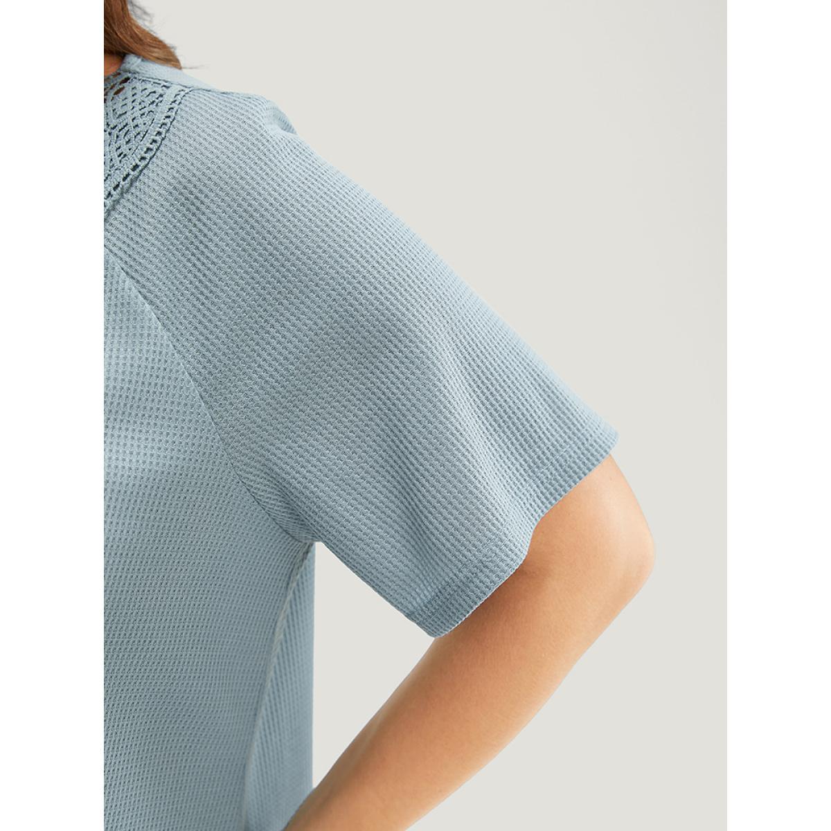 Plus Size Solid Raglan Sleeve Contrast Lace Waffle Knit T-shirt Stone Women Elegant Plain V-neck Dailywear T-shirts BloomChic 18-20/2X Product Image