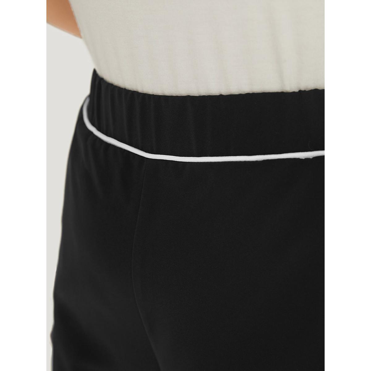 Plus Size Two Tone Seam Detail Pocket Elastic Waist Pants Women Black Office Straight Leg High Rise Work Pants BloomChic 22-24/3X Product Image