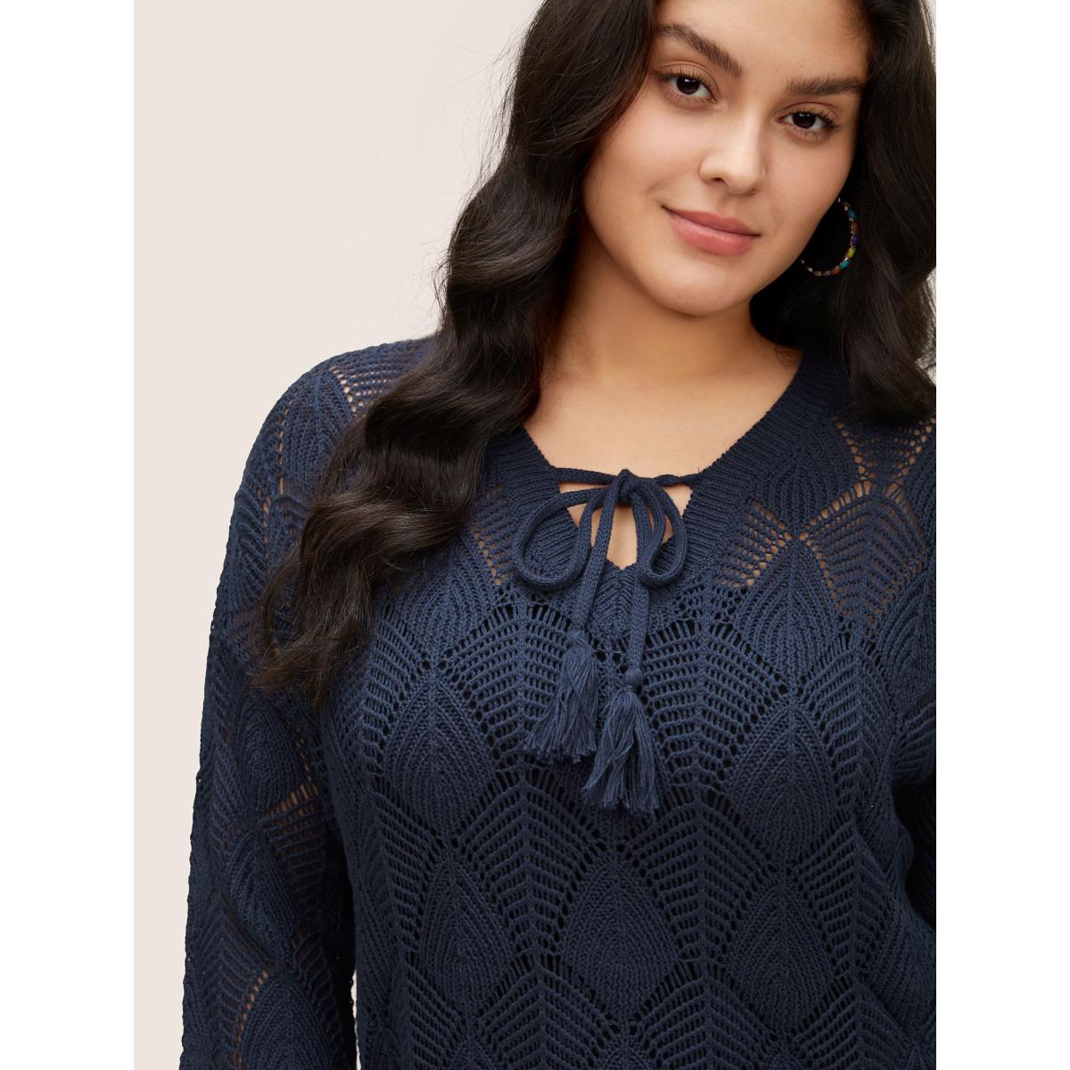 Plus Size Solid Hollow Out Tassel Knot Neck Pullover Midnight Women Casual Long Sleeve V-neck Everyday Pullovers BloomChic 12/L Product Image