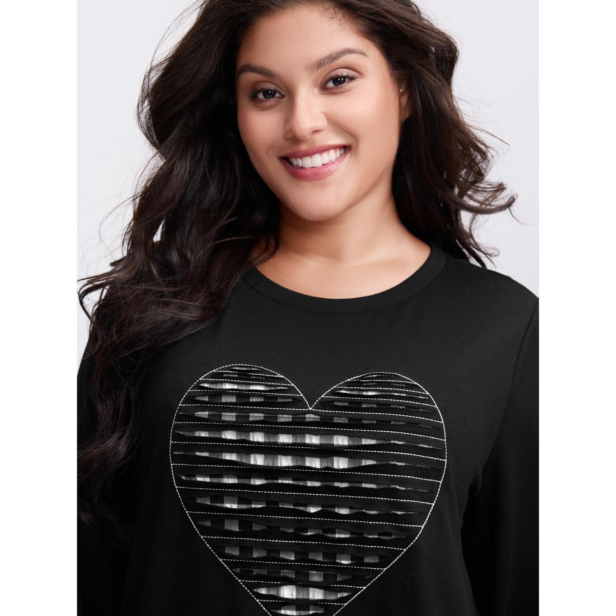 Plus Size Supersoft Heart Cut-Out Embroidery Sweatshirt Women Black Leisure Contrast Round Neck Casual Sweatshirts BloomChic 22-24/3X Product Image