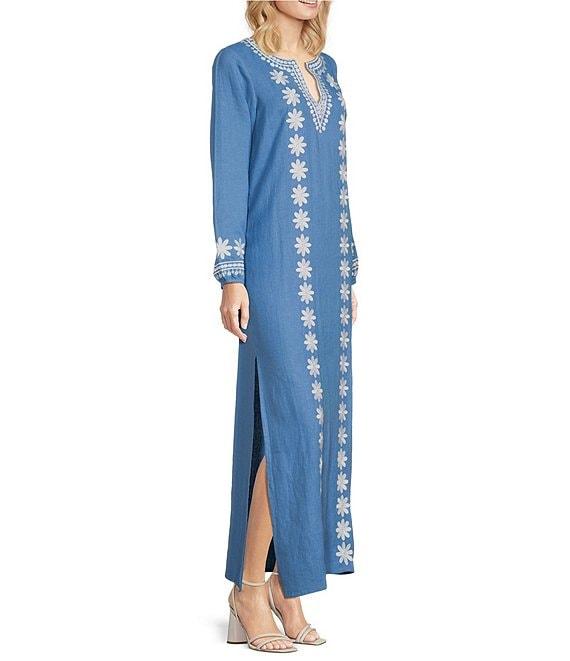 SAIL to SABLE Woven Embroidered Split V-Neck Long Sleeve Caftan Dress Product Image