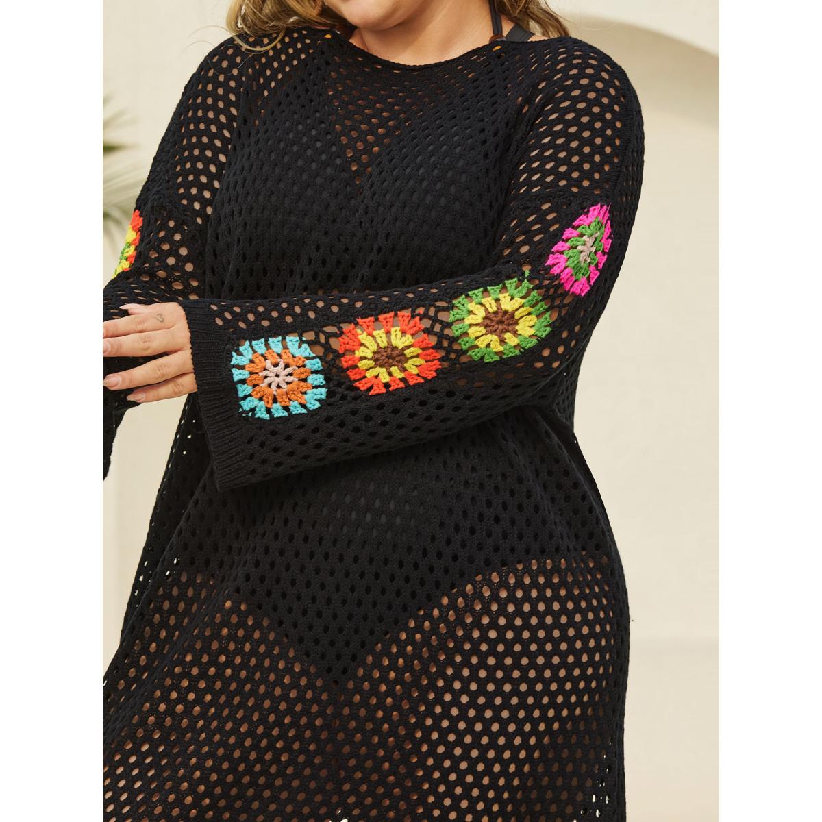 Plus Size Crochet Shoulder Flower Cut-Out Swim Cover-Up Women's Swimwear Black Beach Loose Cut-Out Curve Swim Cover Ups BloomChic 10/M Product Image