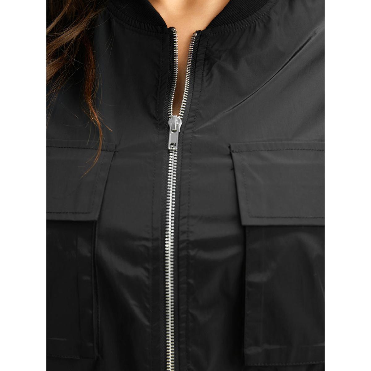 Plus Size Wind-Resistant Zipper Fly Drawstring Jacket Women Black Plain Pocket Dailywear Jackets BloomChic 12/L Product Image