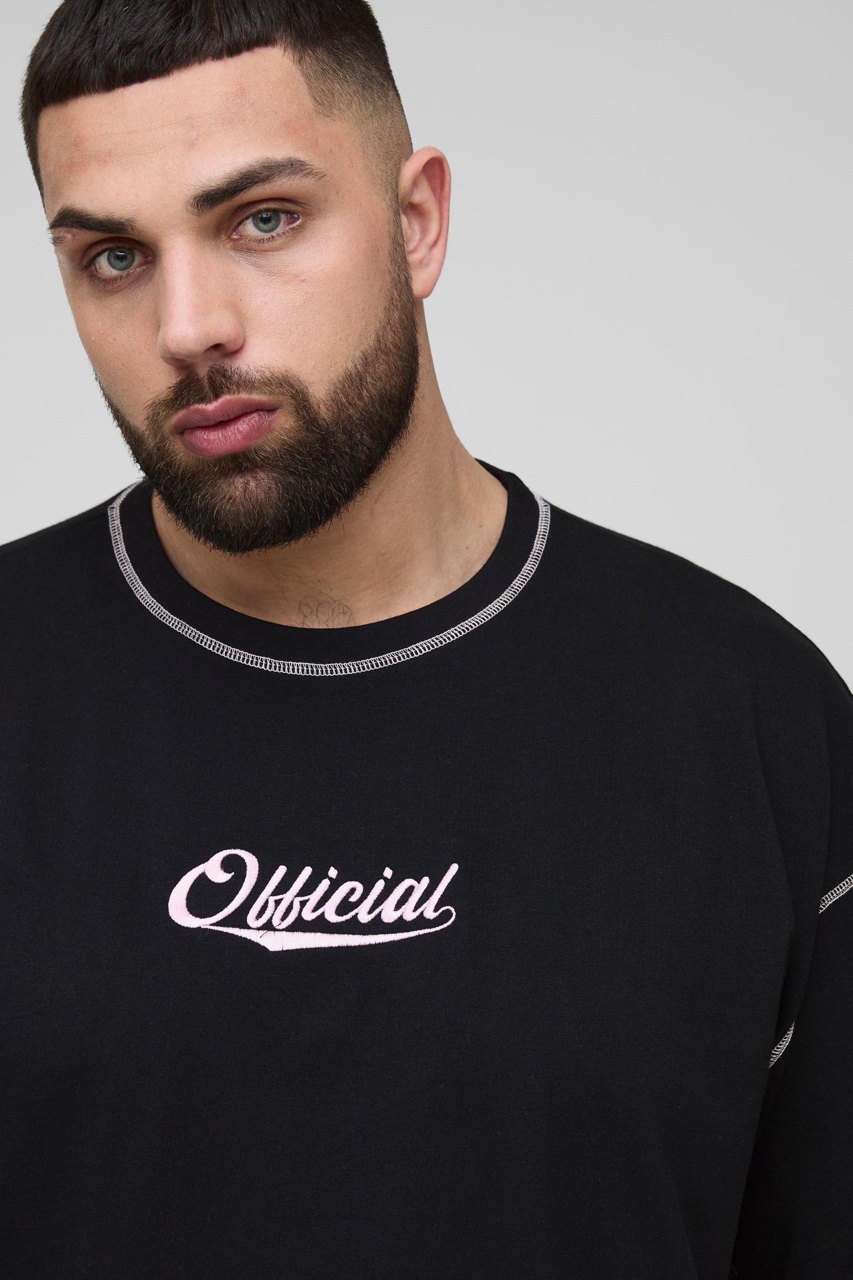 Plus Oversized Boxy Official Embroidered Contrast Stitch T-Shirt | boohooMAN USA Product Image