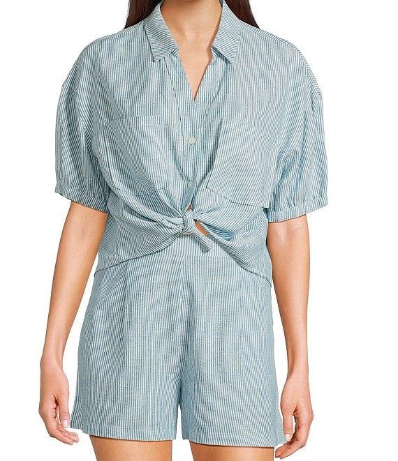 Copper Key Linen Stripe Coordinating Crop Camp Shirt Product Image