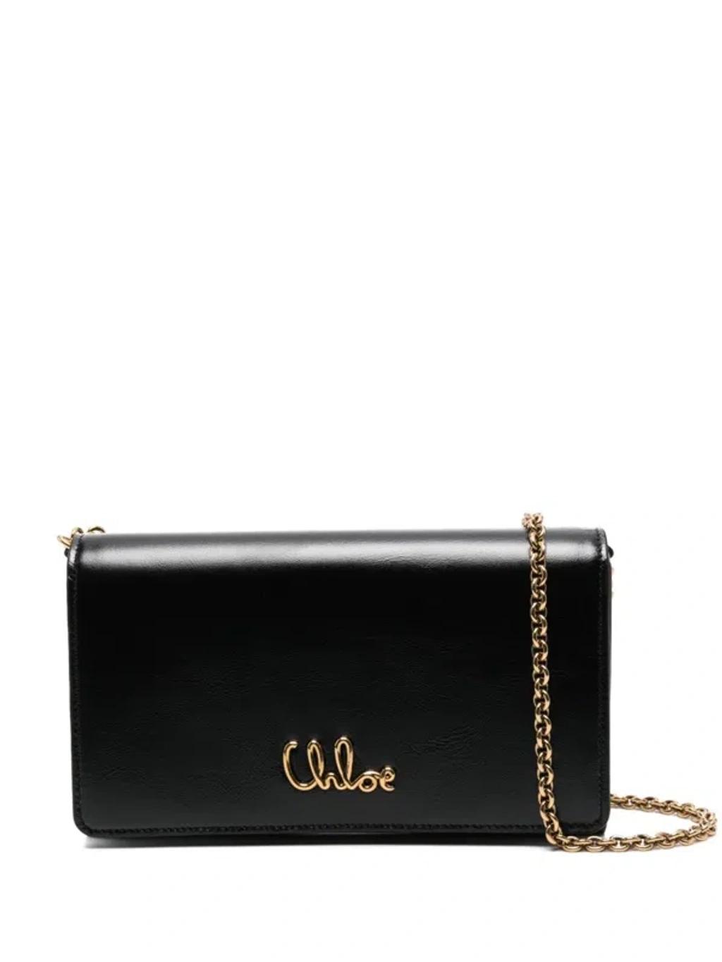 CHLOÉ Iconic Flap Wallet On Chain In Shiny Calfskin In Black Product Image