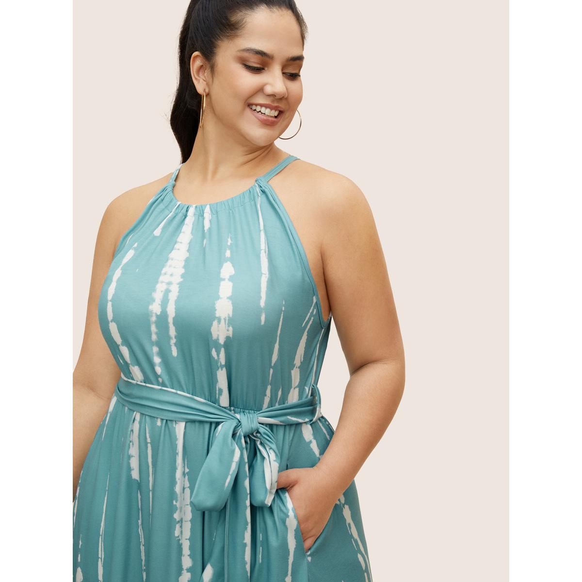 Plus Size Tie Dye Halter Neck Belted Gathered Dress LightBlue Women Casual Gathered Halter neck Sleeveless Curvy BloomChic 12/L Product Image