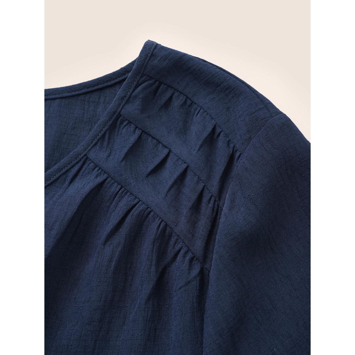 Plus Size Indigo Solid Button Detail Gathered Lantern Sleeve Blouse Women Work From Home Elbow-length sleeve V-neck Work Blouses BloomChic 12/L Product Image
