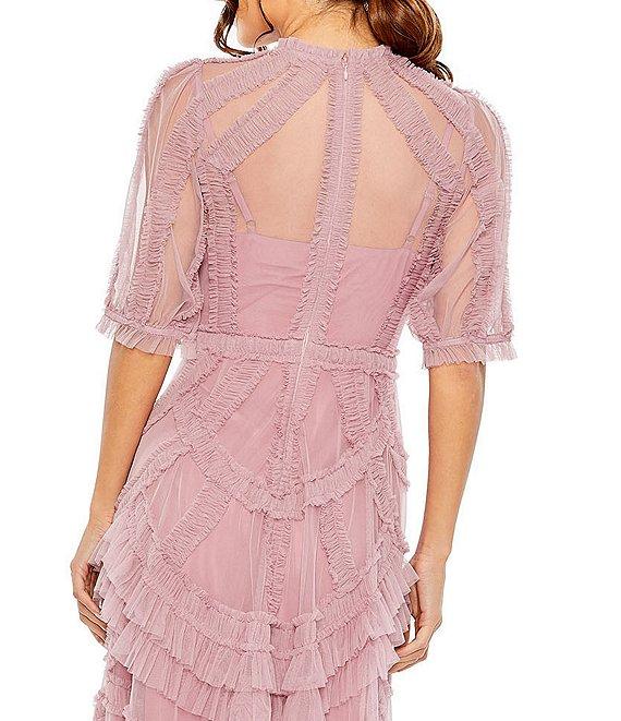 Mac Duggal Mock Neck Short Sleeve Tiered Ruffled Pleated Embellished A-Line Midi Dress Product Image