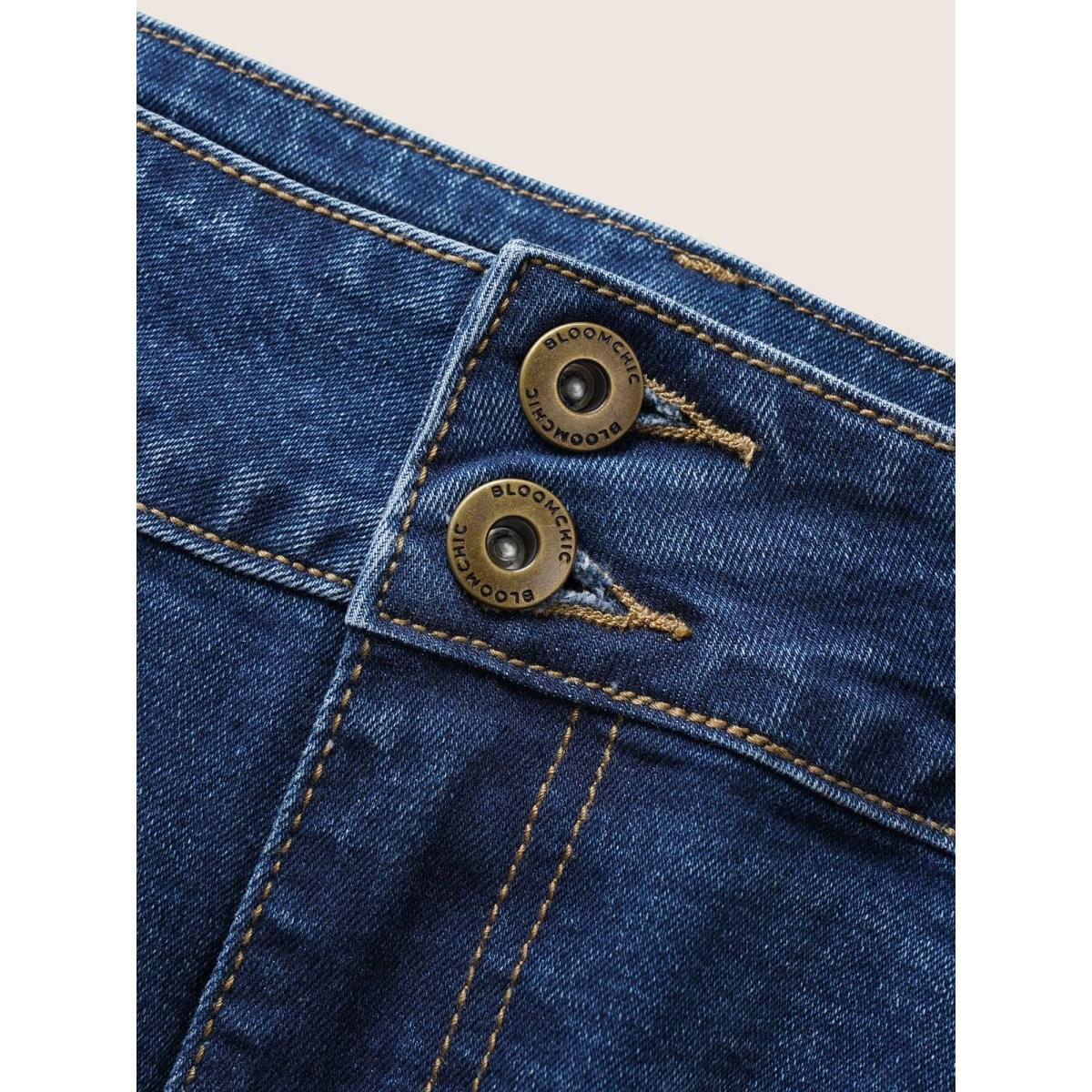 Plus Size Dark Wash Split Back Bodycon Denim Skirt Women Blue Everyday Non Plain High stretch Dark Wash 12/L Slanted pocket Elegant Denim Skirts BloomChic Product Image