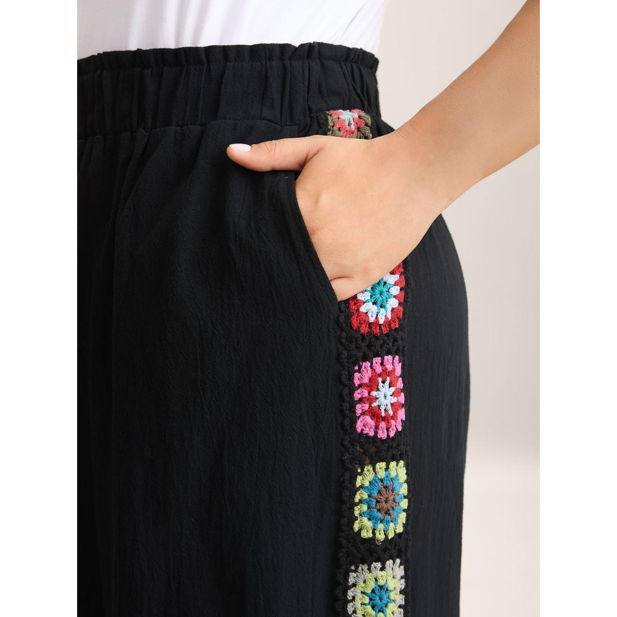 Plus Size Shirred Waist Wide-Leg Spliced Pants Women Black Boho Wide Leg Mid Rise Vacation Pants BloomChic 10/M Product Image