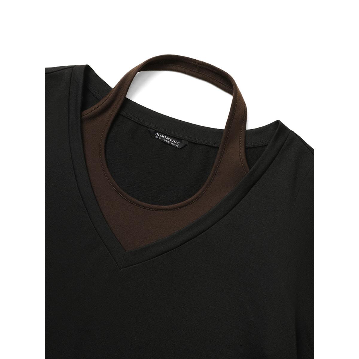 Plus Size Halter 2-In-1 Patchwork Sweatshirt Women Black Casual Plain Halter neck Everyday Sweatshirts BloomChic 18-20/2X Product Image