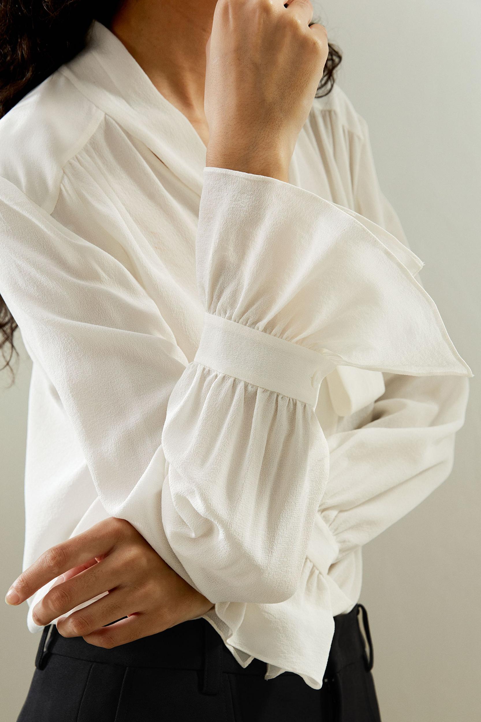 Silk V-neck Ribbon Blouse Product Image