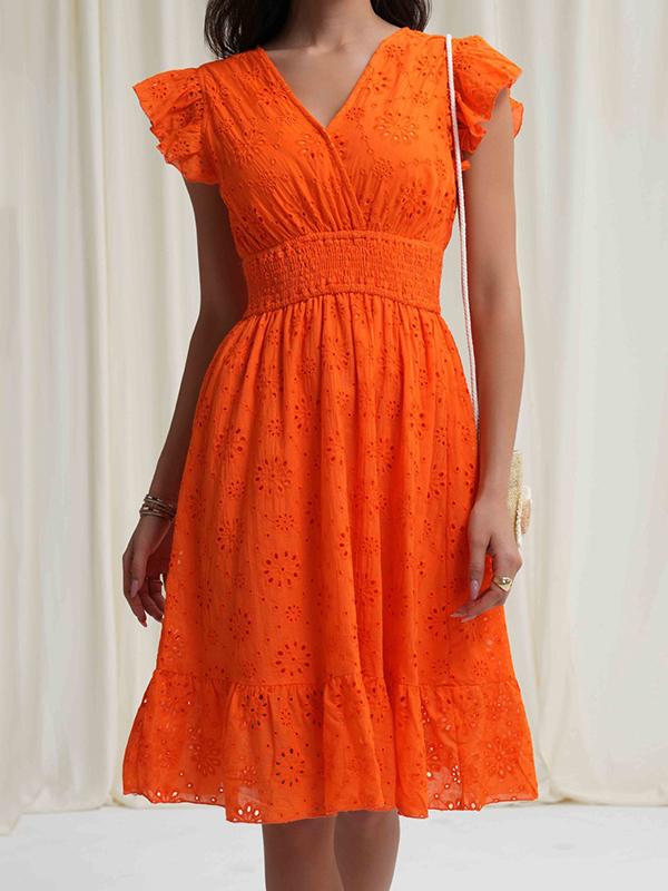 A-Line Loose Elasticity Hollow Pleated Solid Color V-Neck Mini Dresses Product Image