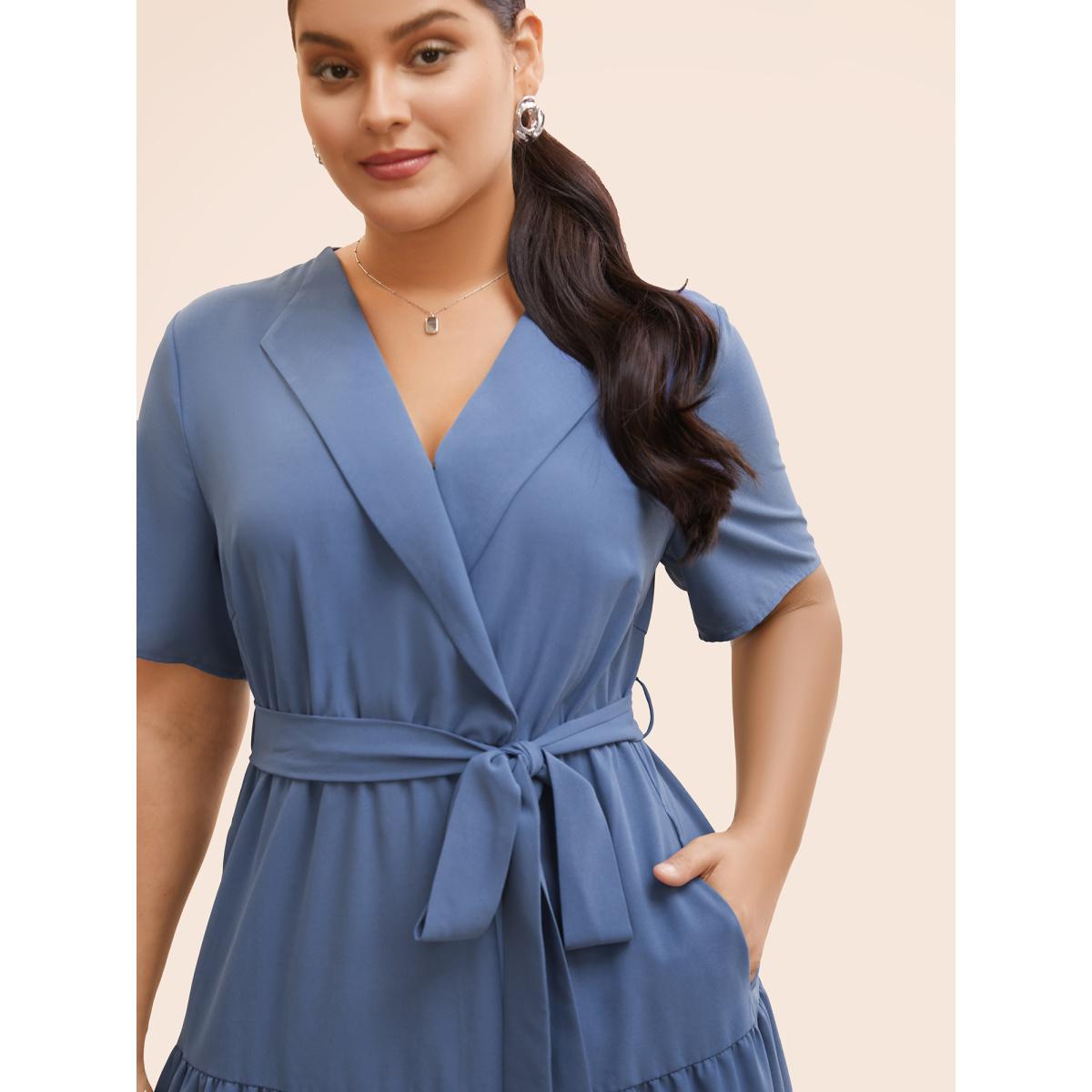 Plus Size Suit Collar Ruffle Layered Hem Dress Stone Women Workwear Essentials Belted Suit Collar Short sleeve Curvy BloomChic 18-20/2X Product Image