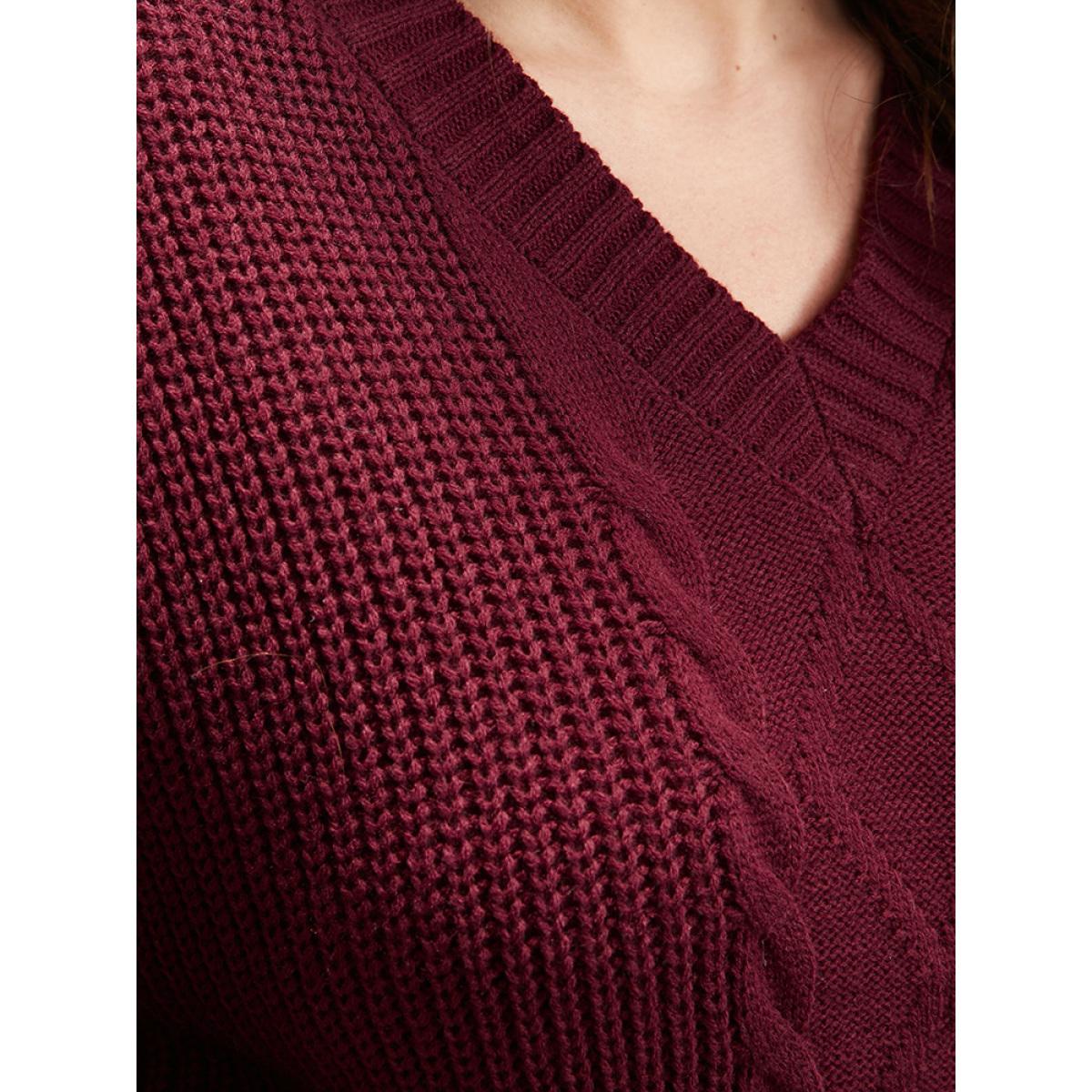 Plus Size Solid Pointelle Knit V Neck Loose Geometric Cable Knit Top Rust Women Elegant Loose Long Sleeve Dailywear Pullovers BloomChic 10/M Product Image