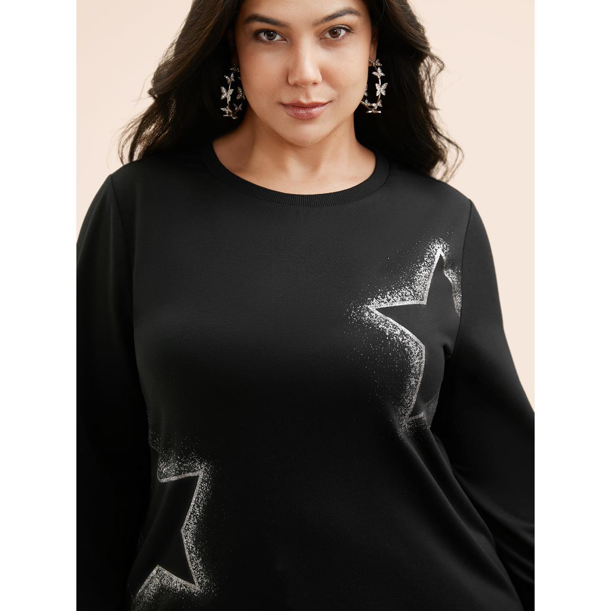 Plus Size Star Rhinestone Slightly Stretchy Sweatshirt Women Black Casual Rhinestone detailing Round Neck Everyday Sweatshirts BloomChic 12/L Product Image