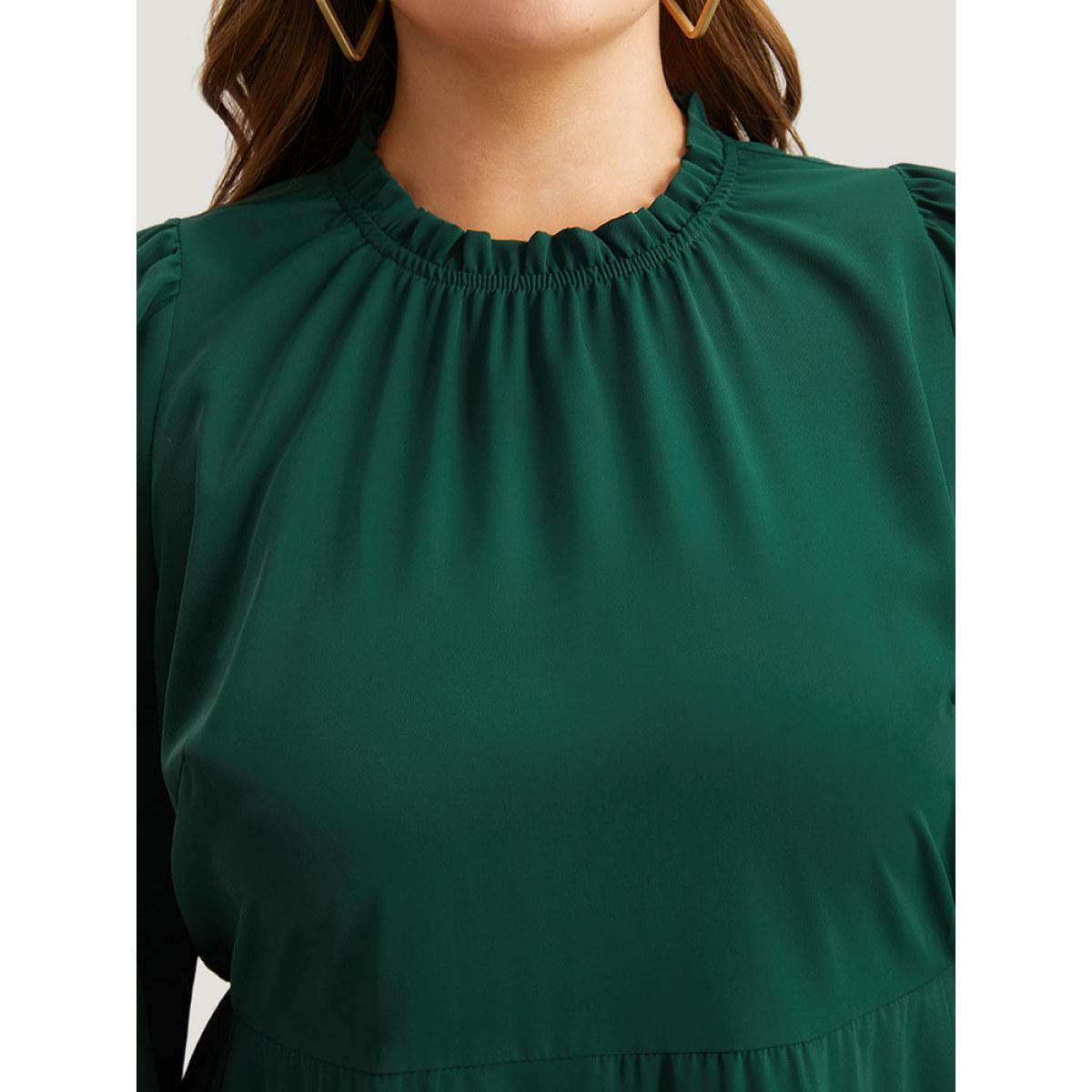 Plus Size Anti-Wrinkle Frill Trim Elastic Cuffs Dress DarkGreen Women Office Elastic cuffs Mock Neck Long Sleeve Curvy Midi Dress BloomChic 10/M Product Image