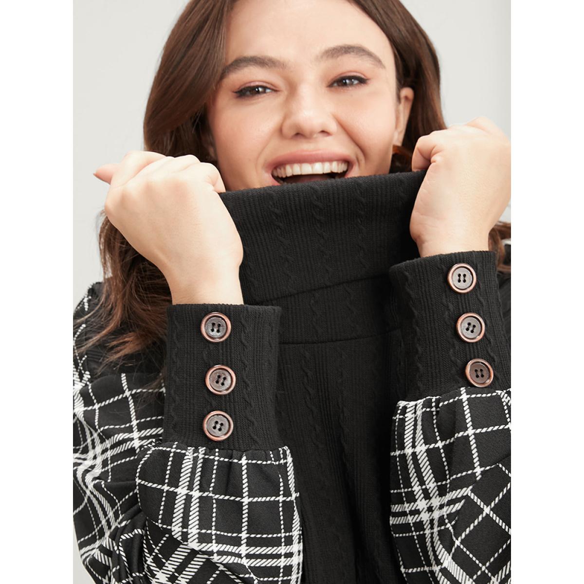 Plus Size Plaid Patchwork Button Detail Funnel Neck Sweatshirt Women Black Elegant Contrast Turtleneck Dailywear Sweatshirts BloomChic 10/M Product Image