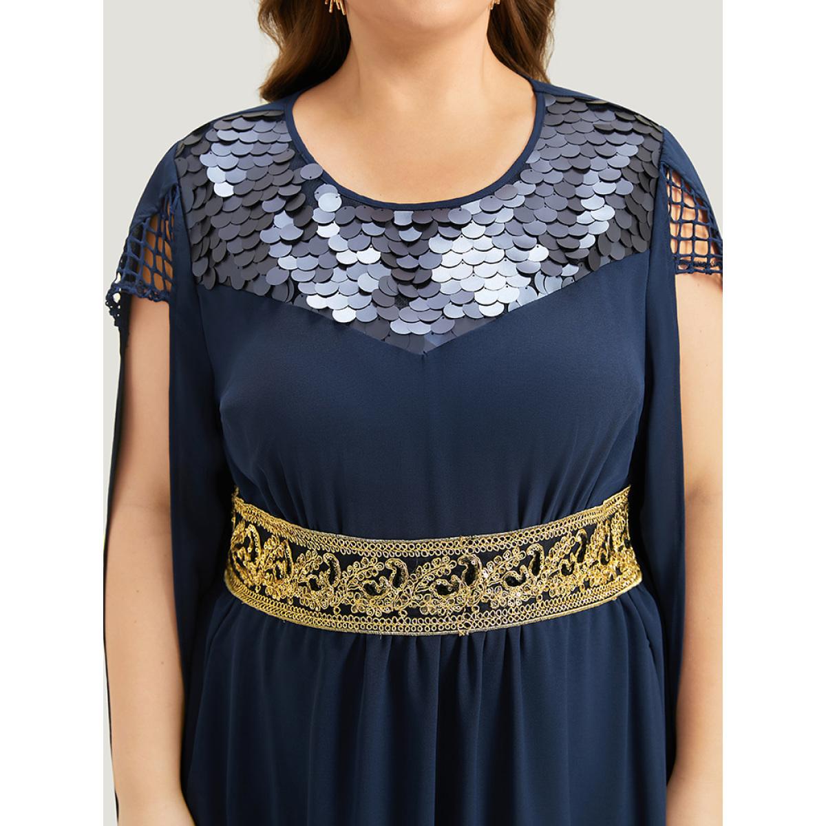 Plus Size Halloween Sequin Detail Embroidered Cut Out Dress DarkBlue Women Elegant Patchwork Round Neck Sleeveless Curvy Long Dress BloomChic 14-16/1X Product Image
