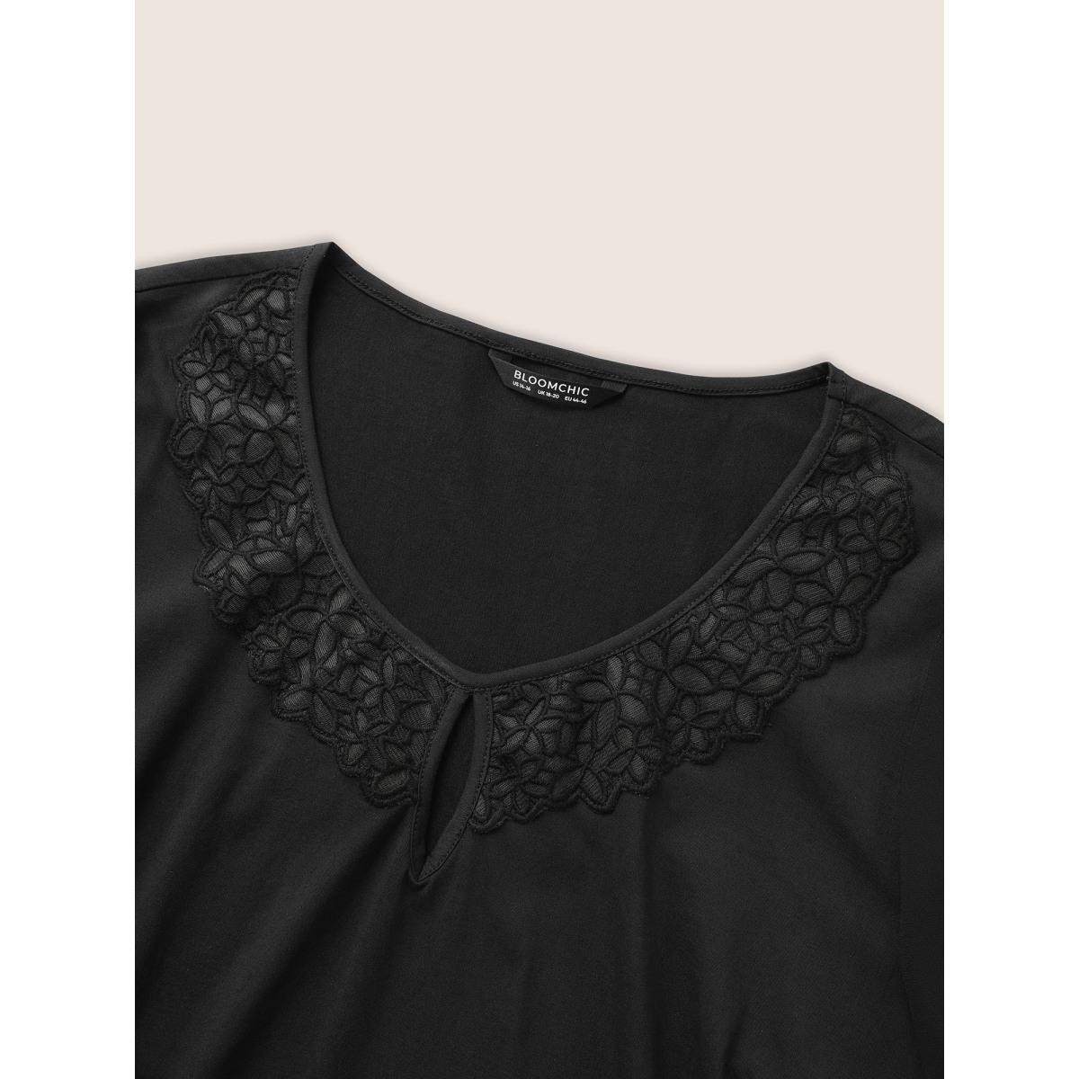 Plus Size Black Stretchy Woven Cut Out Lace Patchwork Blouse Women Elegant Short sleeve Round Neck Everyday Blouses BloomChic 18-20/2X Product Image