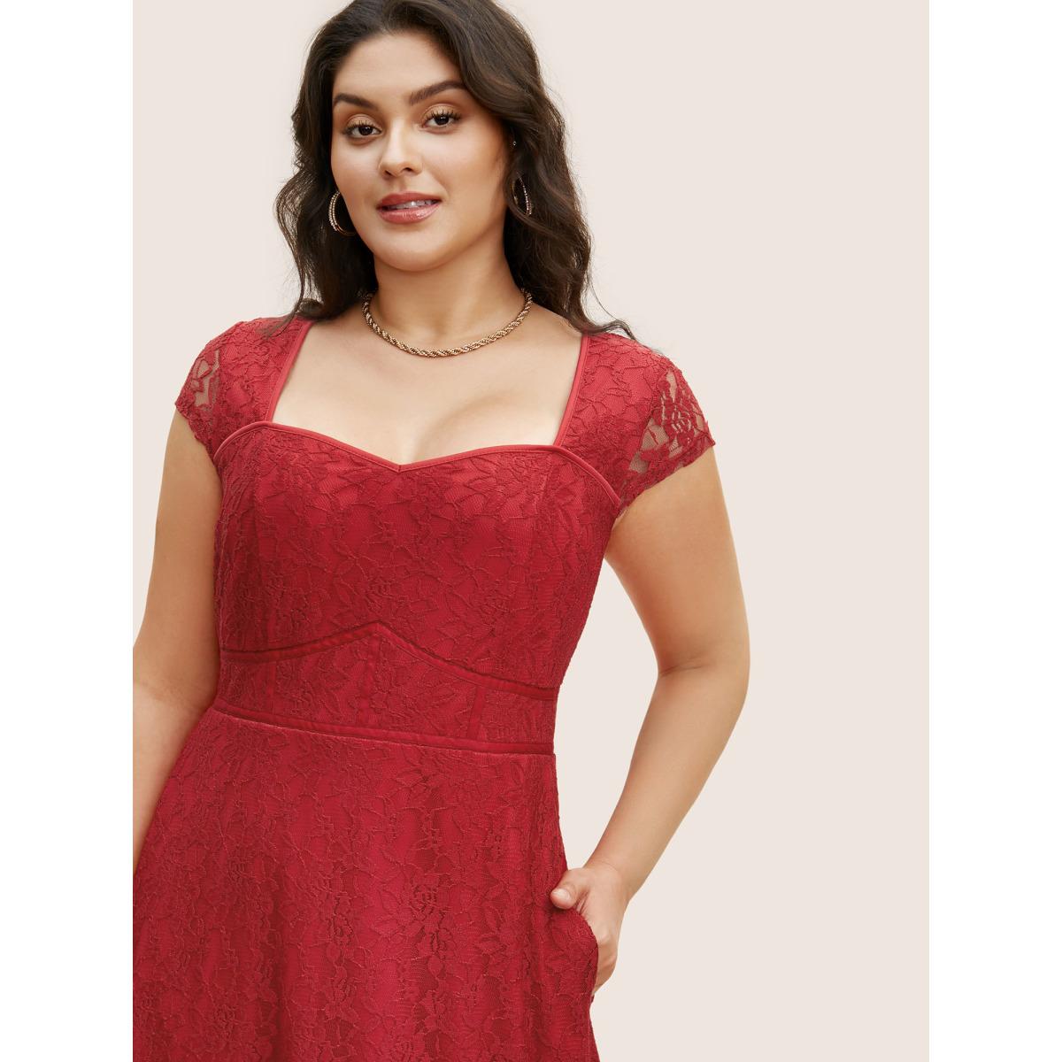Plus Size Lace Panel Heart Neckline Split Side Dress Burgundy Women Cocktail Heart neckline Cap Sleeve Curvy BloomChic 30/6X Product Image