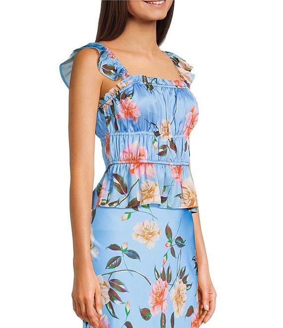 GB Woven Blue Floral Print Coordinating Satin Tank Product Image