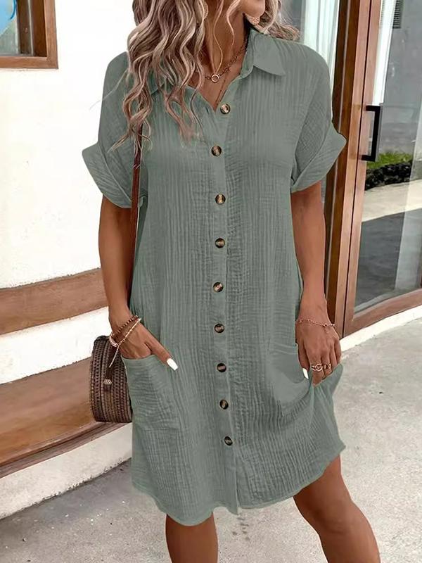 Loose Short Sleeves Pleated Split-Joint Lapel Mini Dresses Shirt Dress Product Image