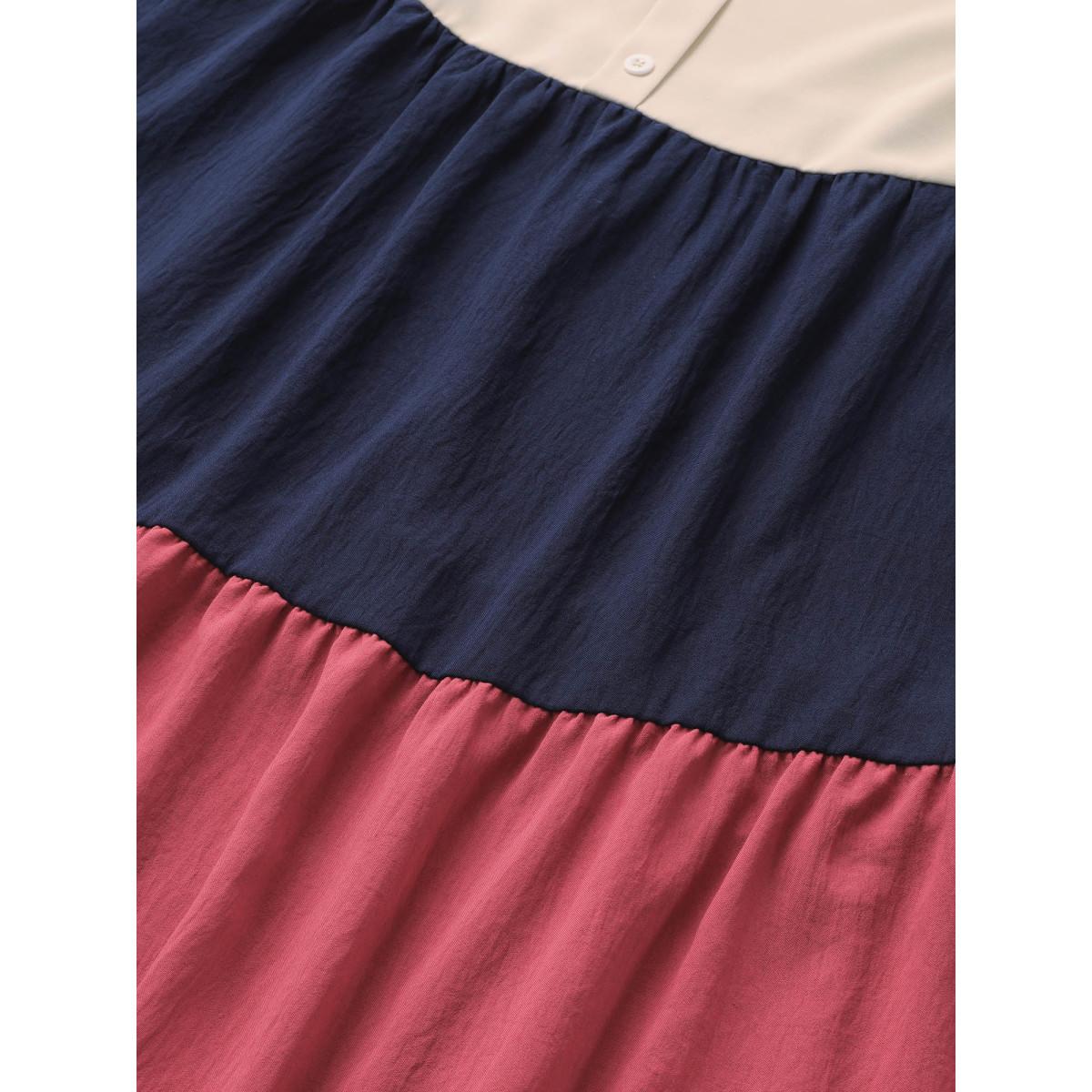 Plus Size Colorblock Contrast Button Detail Layered Hem Dress Multicolor Women Casual Non V-neck Elbow-length sleeve Curvy Midi Dress BloomChic 12/L Product Image