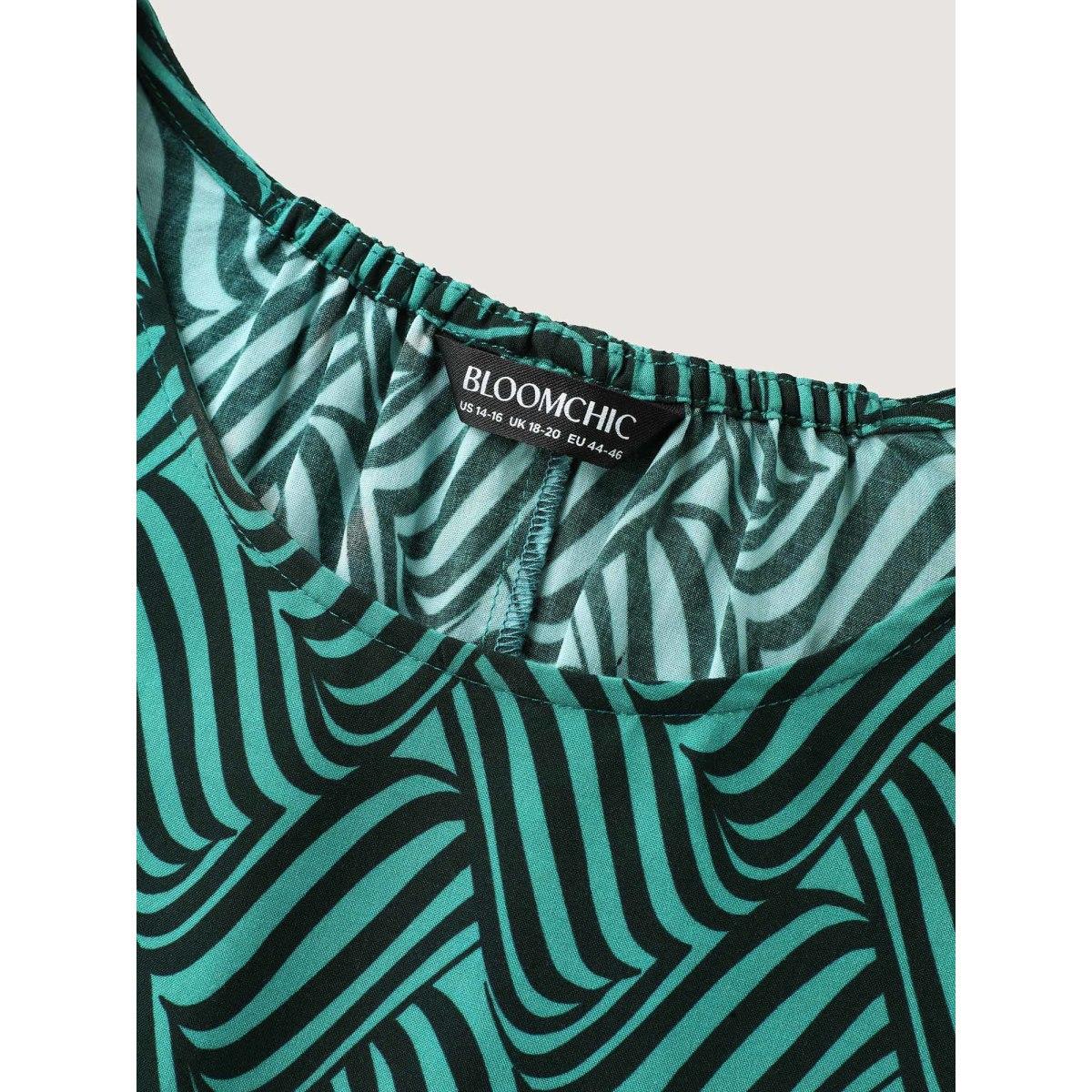 Plus Size Cyan Rayon Geometric Print Layered Sleeve Blouse Women Office Short sleeve Round Neck Office Blouses BloomChic 12/L Product Image