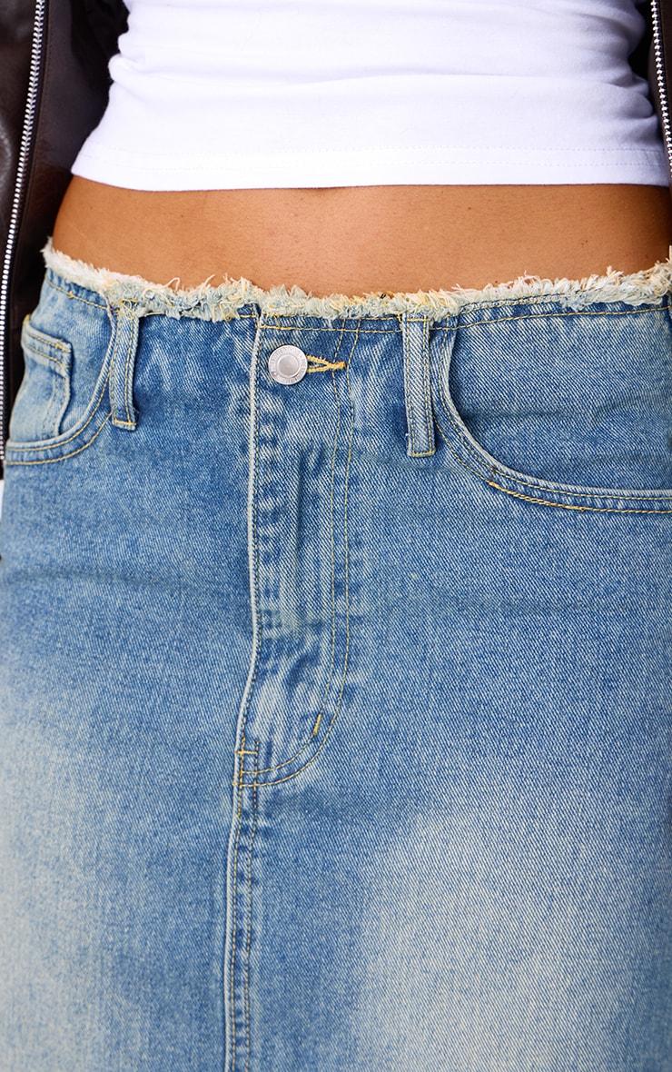 Vintage Wash Side Split Raw Hem Denim Midi Skirt Product Image