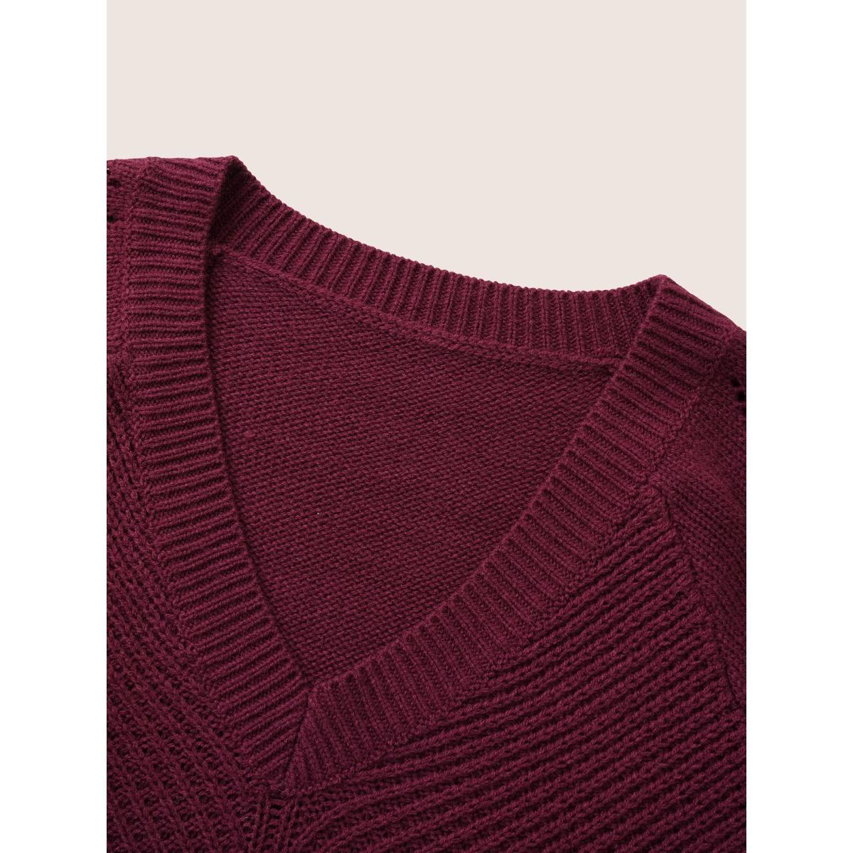 Plus Size Solid Hollow Out Raglan Sleeve Pullover Burgundy Women Casual Loose Long Sleeve V-neck Dailywear Pullovers BloomChic 28/5X Product Image