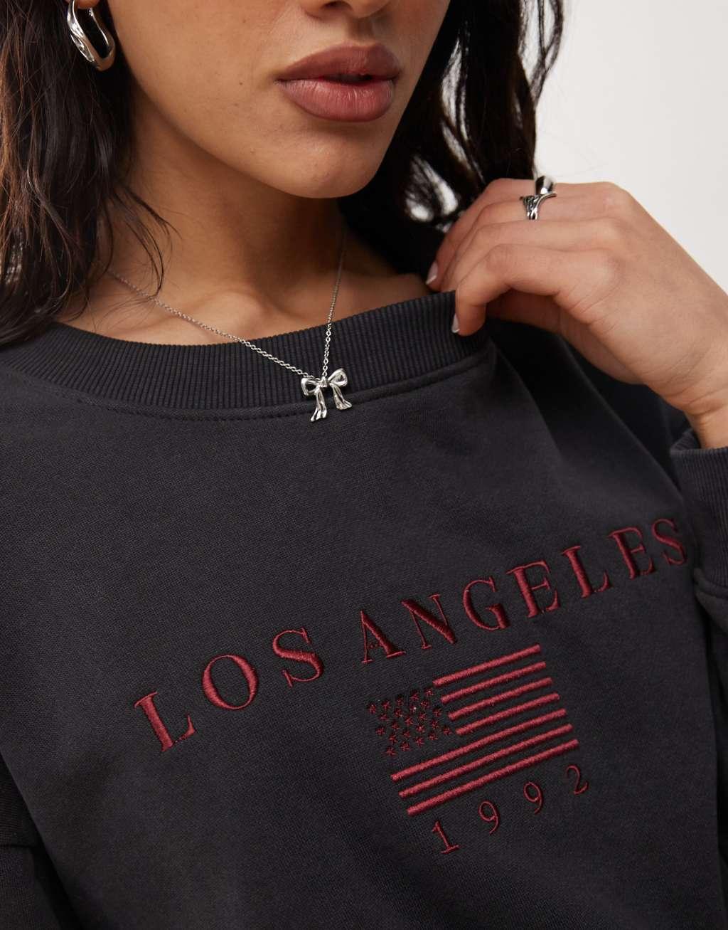 Daisy Street black wash LA embroidery sweatshirt Product Image