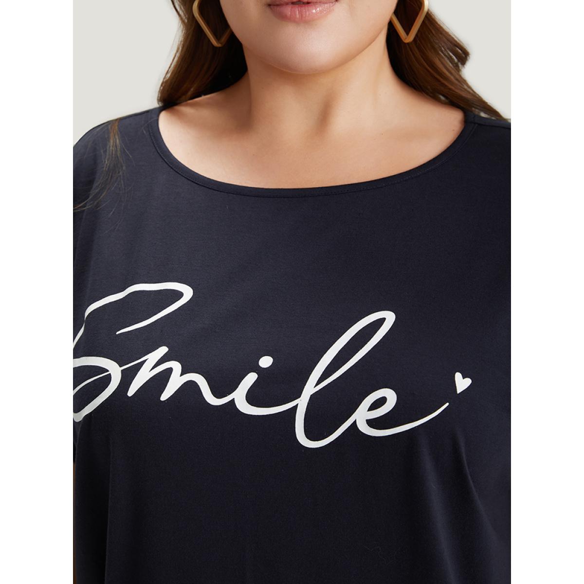 Plus Size Letter Print Batwing Sleeve Shirred Hem T-shirt DarkBlue Women Casual Printed Letter Dailywear T-shirts BloomChic 12/L Product Image