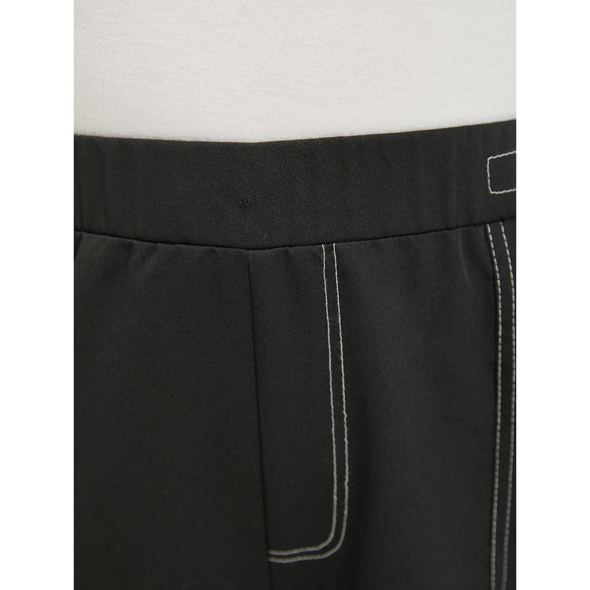 Plus Size Plain Stitch Slant Pocket High Rise Pants Women Black Elegant Straight Leg High Rise Dailywear Pants BloomChic 10/M Product Image