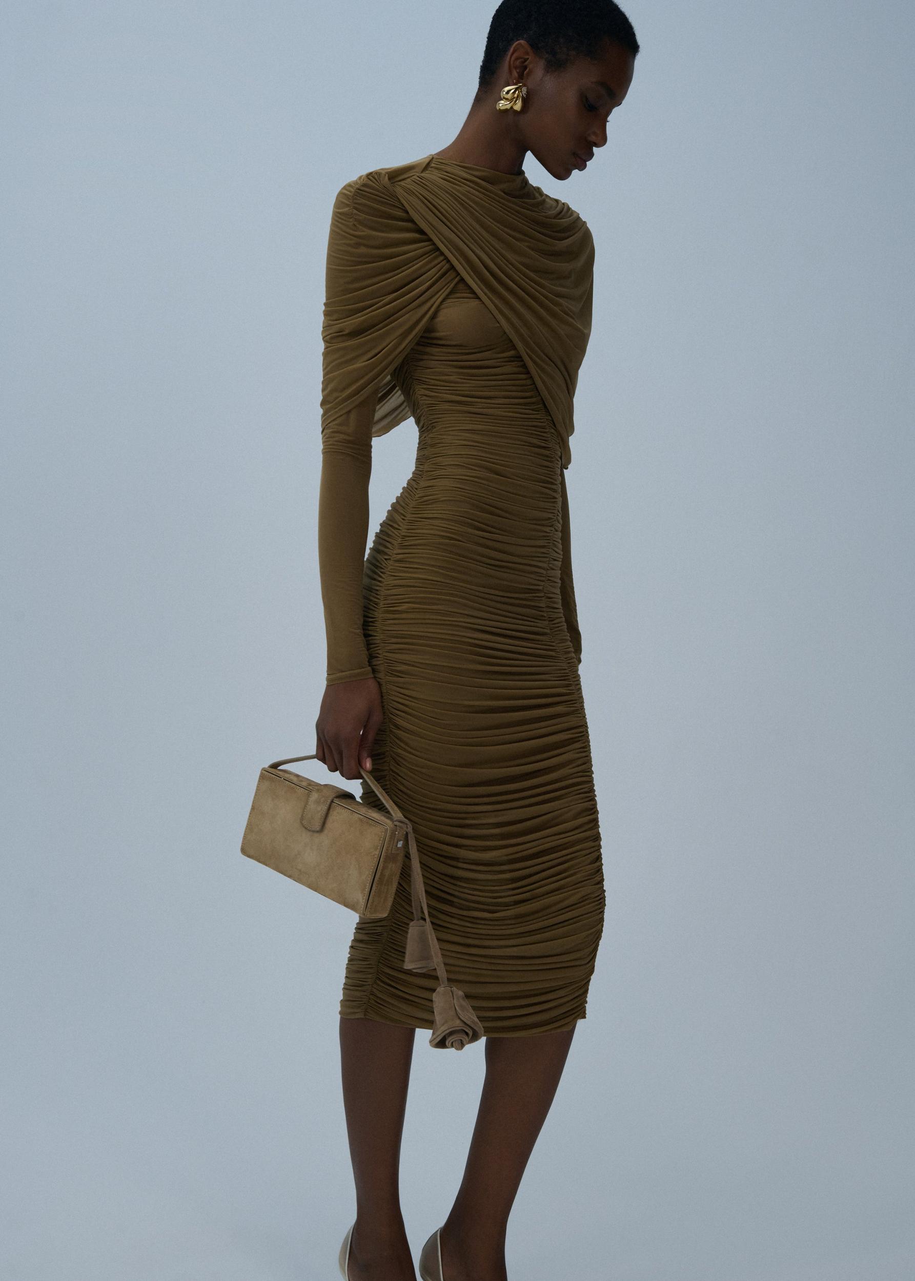 Draped high-neck midi dress in beige Product Image