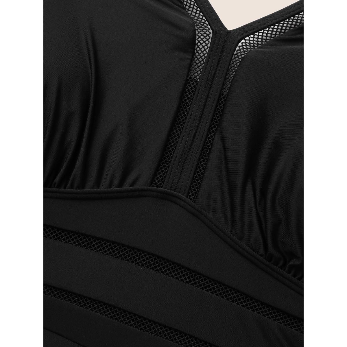 Plus Size V Neck Patchwork Mesh Gathered One Piece Swimsuit Women's Swimwear Black Beach Woven ribbon&lace trim Curve Bathing Suits High stretch One Pieces BloomChic 18-20/2X Product Image