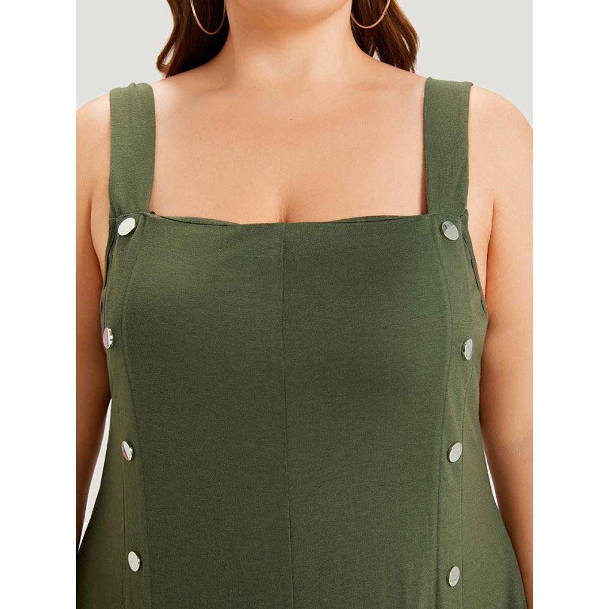 Plus Size Plain Button Detail Pocket Curved Hem Cami Dress ArmyGreen Women Casual Plain Spaghetti Strap Sleeveless Curvy Midi Dress BloomChic 26/4X Product Image