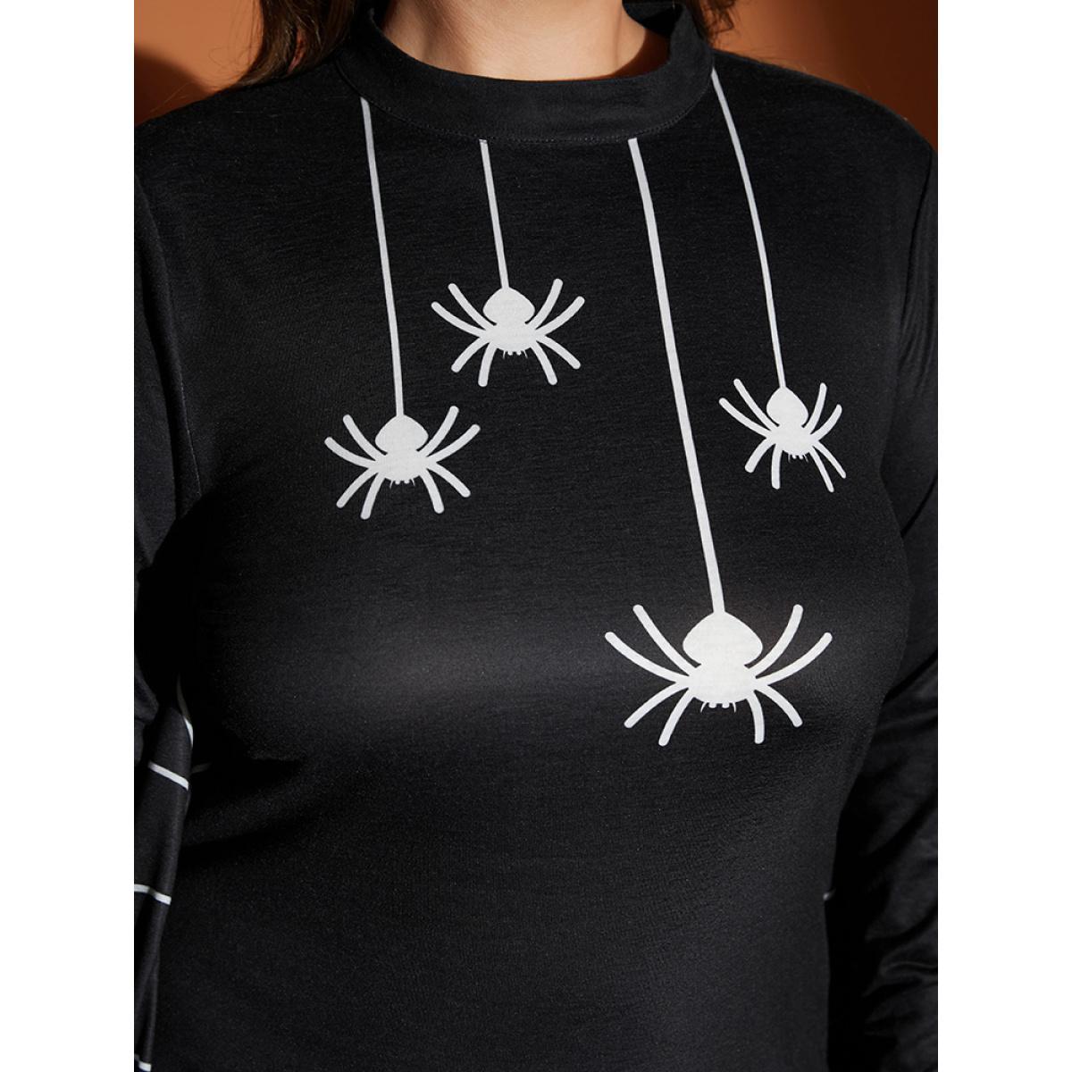 Plus Size Halloween Spider Web Dolman Sleeve Knee Dress Black Women Elegant Printed Mock Neck Long Sleeve Curvy Knee Dress BloomChic 26/4X Product Image