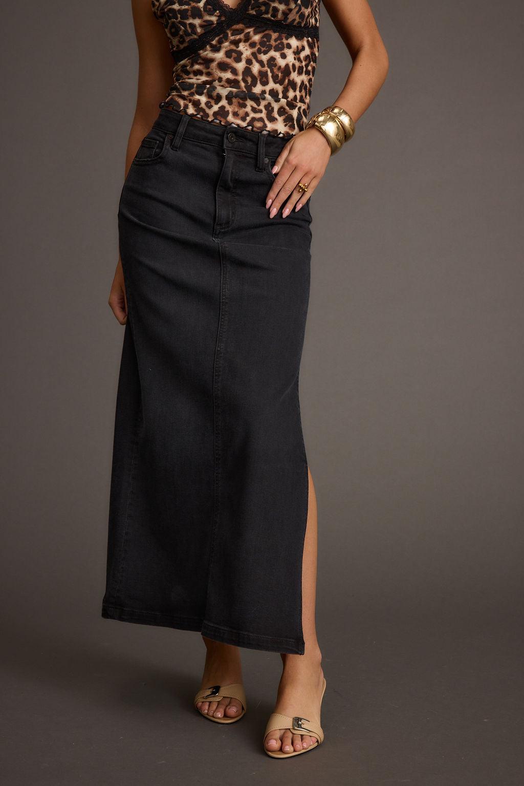 Wilder Black Stretch Denim Maxi Skirt Product Image